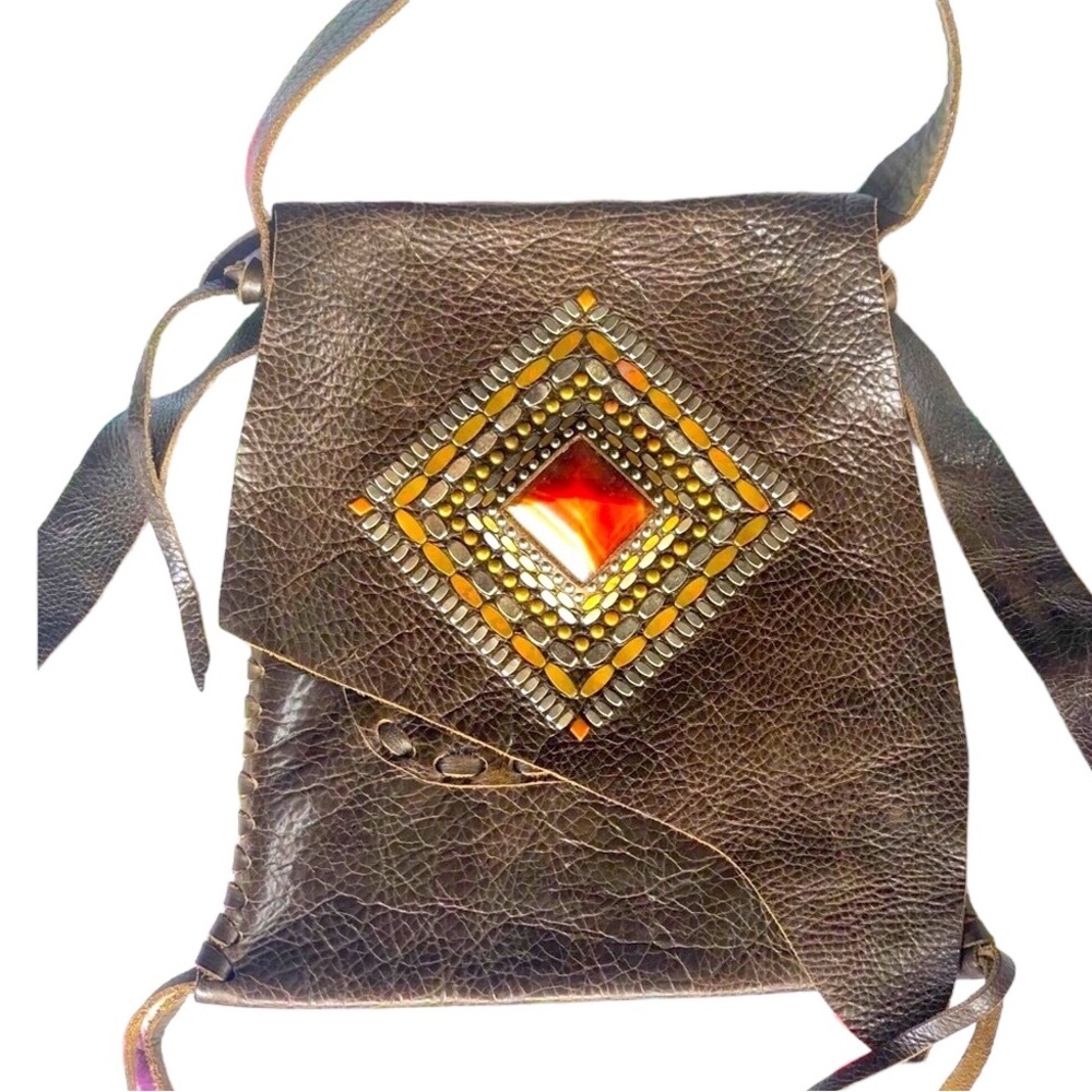Calleen Cordero Joyti Metallic Khaki Messenger Bag with Carnelian Stone Studs - Picture 3 of 15